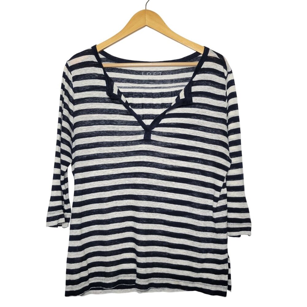 Loft Navy & White Striped Split Neck 3/4 Sleeve T… - image 1